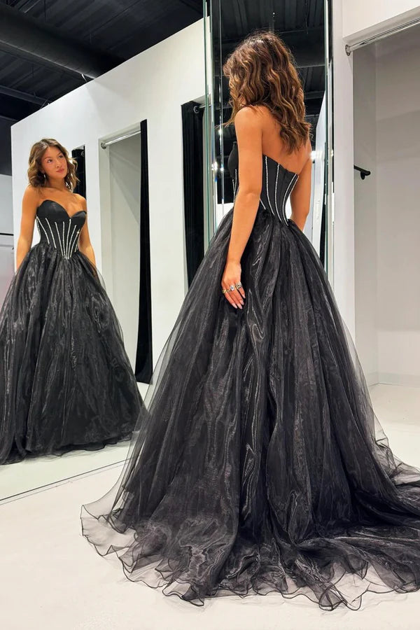 Wholesale A Line Black Tulle Long Prom Dress Beautiful Strapless Formal Evening Dress